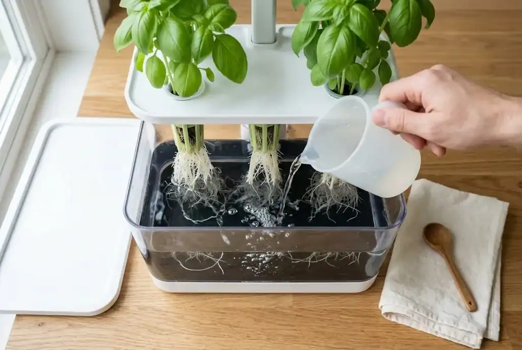 A hand topping up the water tank of a countertop hydroponic unit from a small white jug, the nutrient solution pouring into the open reservoir