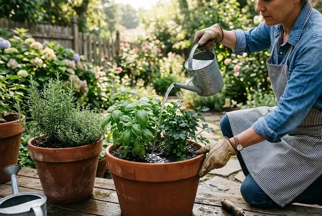 A watering can soaking the soil around container herbs