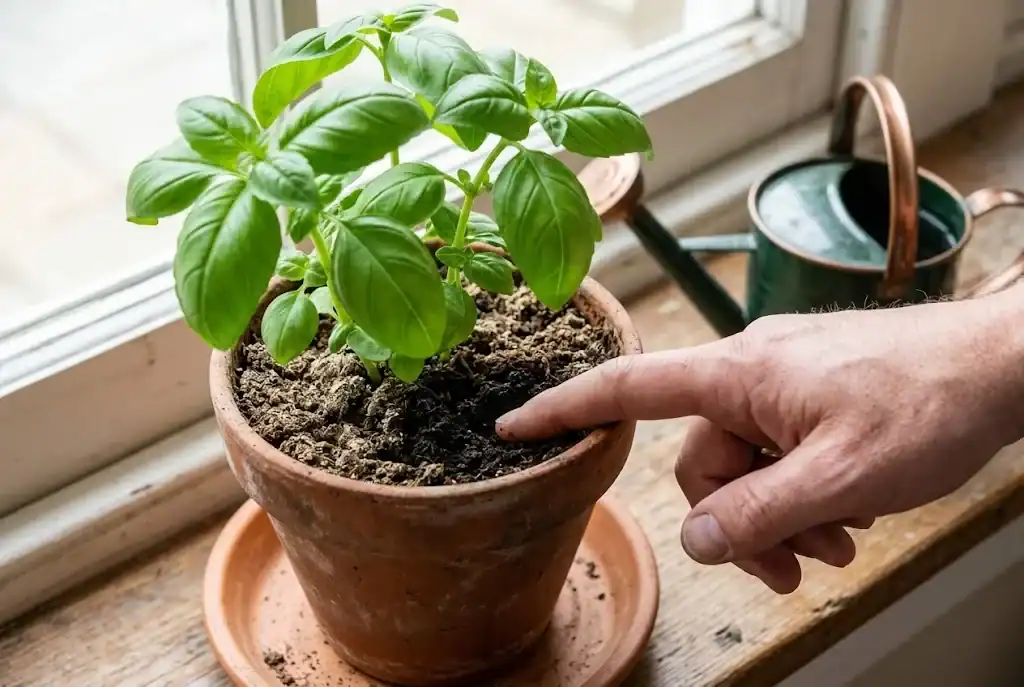 Finger pressing into the top inch of soil in a basil pot to test moisture before watering