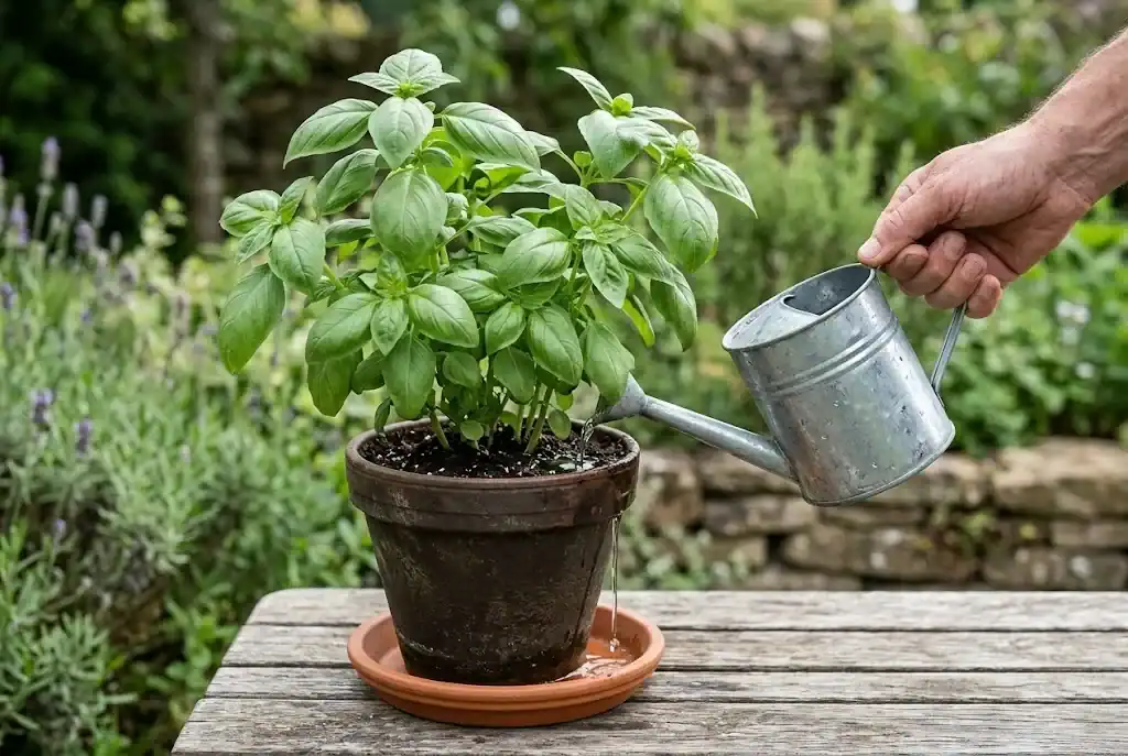 Watering potted basil at soil level until excess drains into a detachable saucer