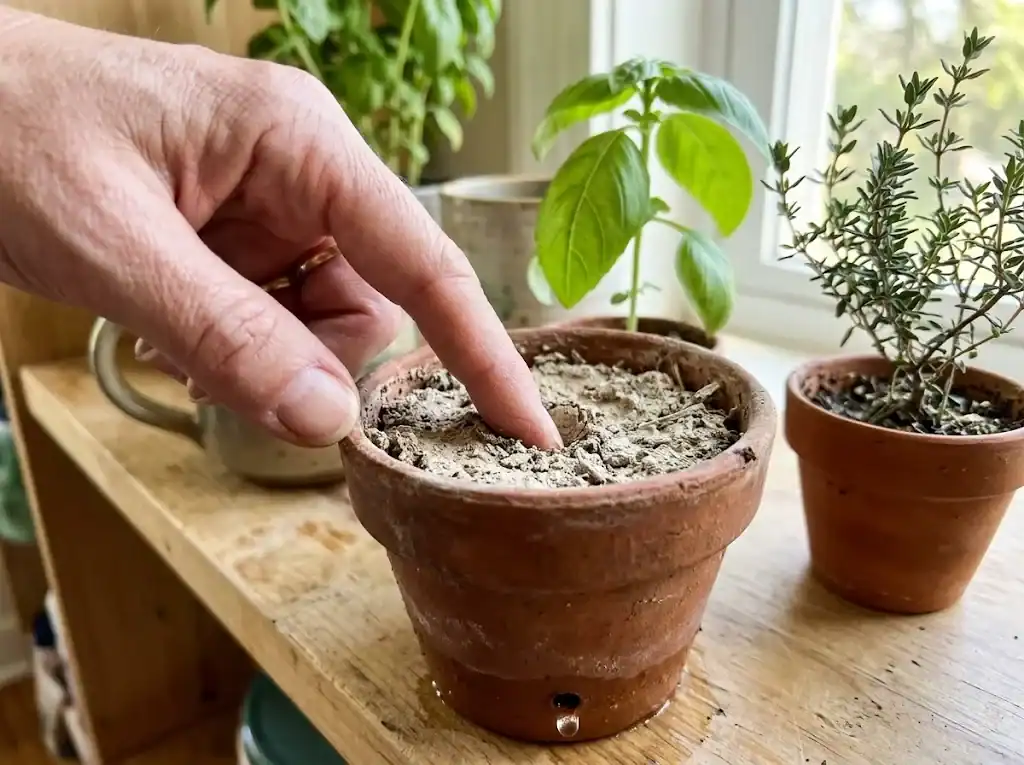 A finger poking into dry soil of a small herb container to test moisture before watering