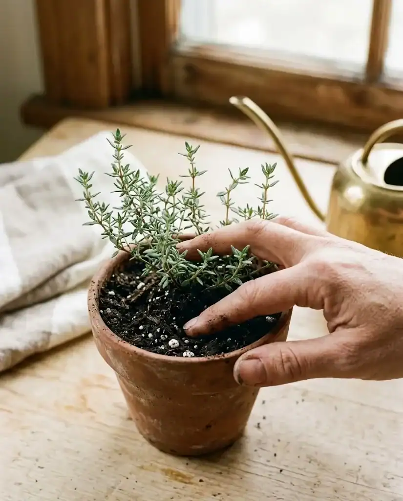 A hand pressing a finger into the top of potting soil in a thyme pot to check moisture