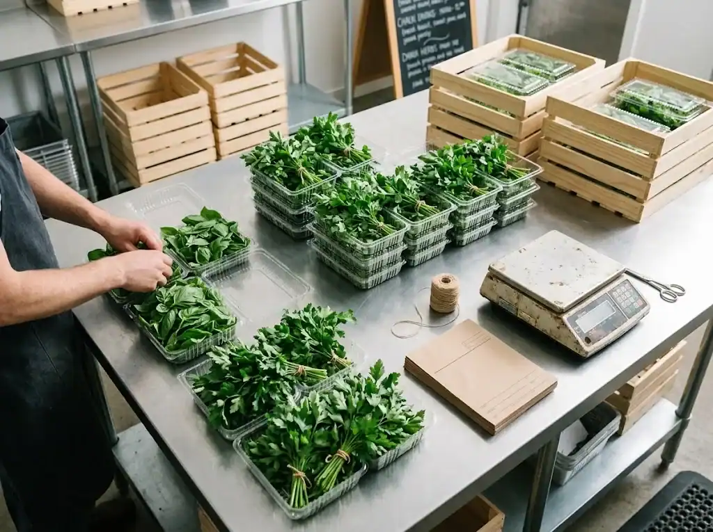 Wholesale packing station with fresh sweet basil leaves in produce clamshells and bunched flat-leaf parsley