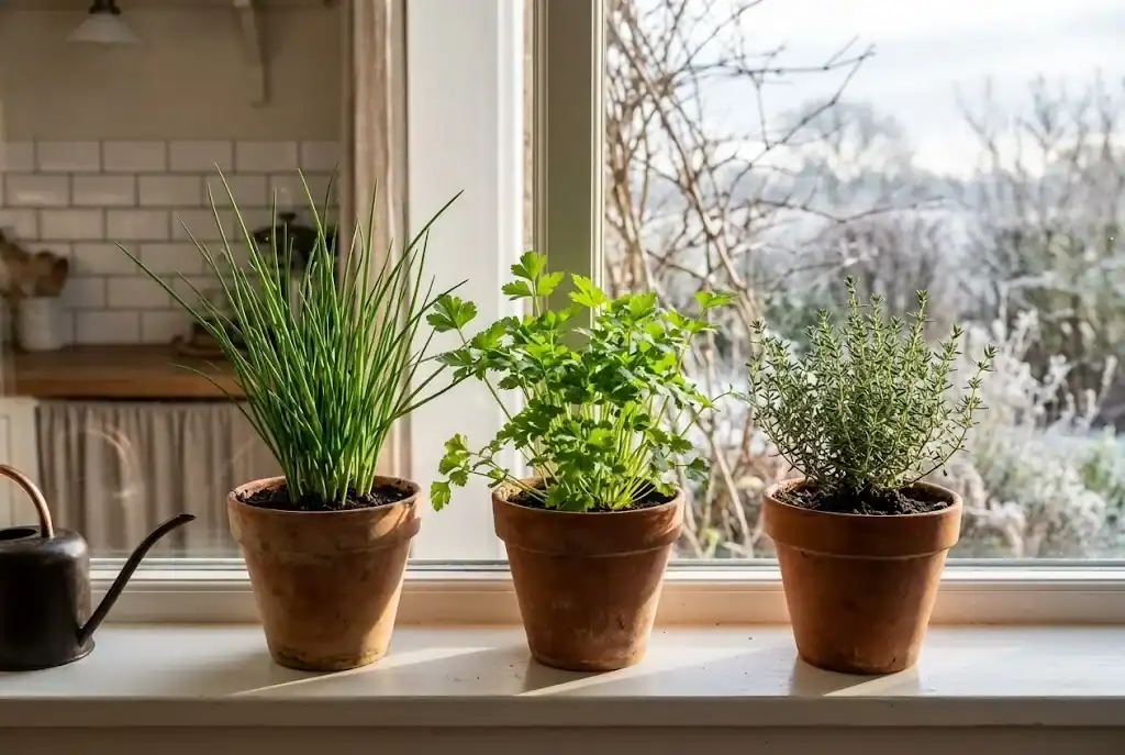 Three small terracotta pots of chives, parsley, and thyme on a south-facing windowsill with warm winter sun streaming across the leaves