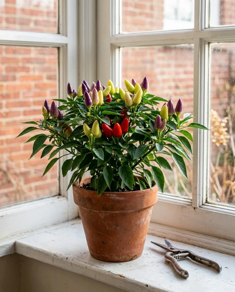 A compact ornamental Capsicum annuum plant in a small terracotta pot on a bright south-facing windowsill, brought indoors for winter, with mixed ripeness upright pods and a pruning snip resting beside the pot
