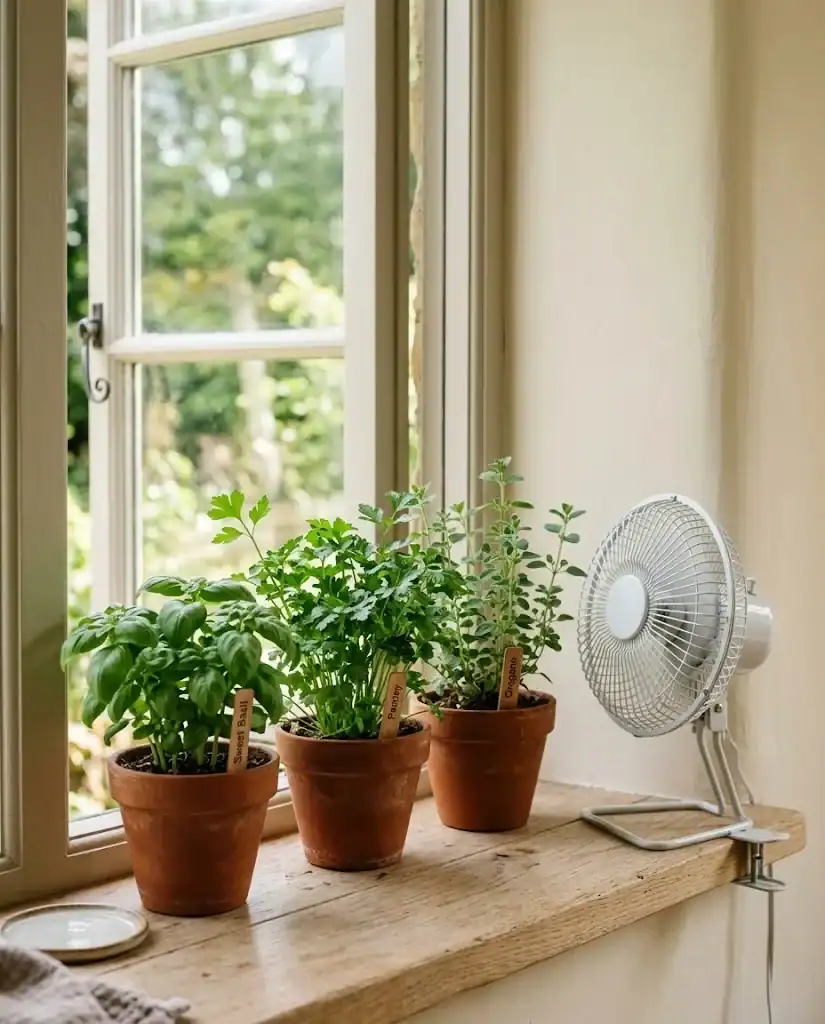 Three small herb pots near a window with a small clip fan moving air around the foliage