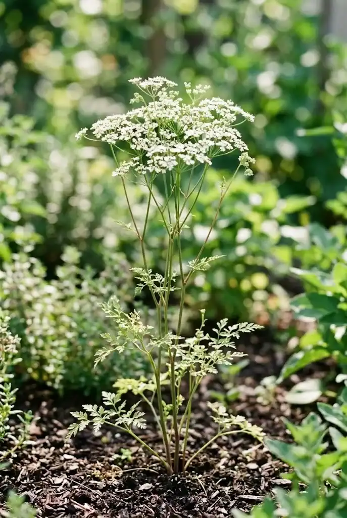 A bolted chervil plant with thinner tall stems and a cluster of small white flowers at the top