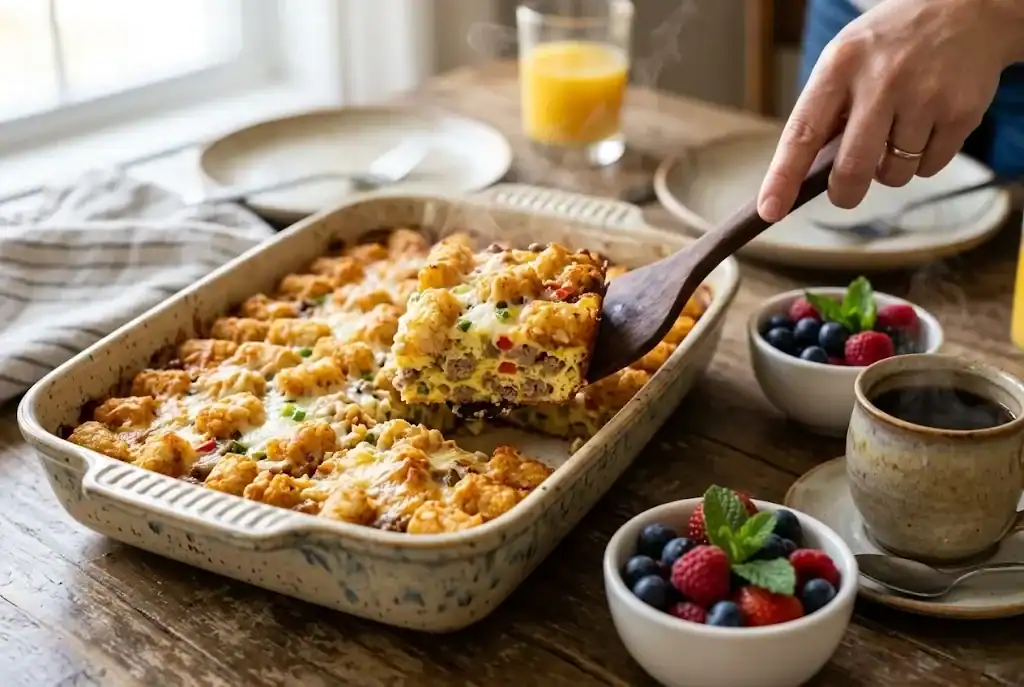 A breakfast tater tot casserole sliced to show eggs, mozzarella, and breakfast sausage layered over golden tots