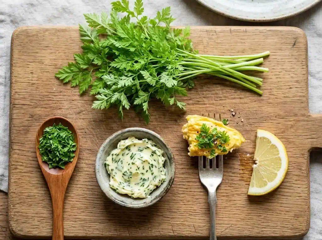 A flatlay of chopped chervil, chervil butter, chervil-topped omelette bites, and a lemon wedge on a wooden board