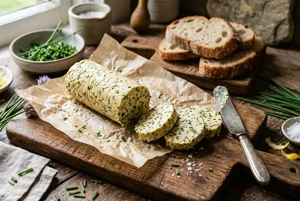 Sliced log of homemade chive compound butter on parchment paper showing flecks of green chives and lemon zest