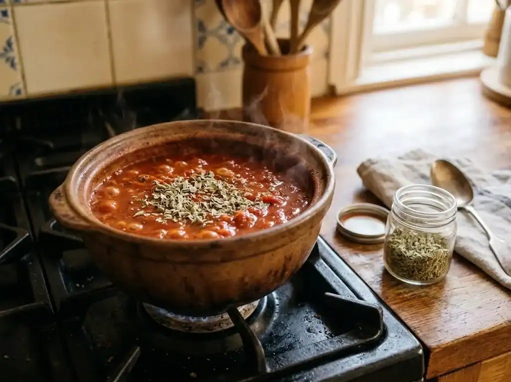 Dried marjoram sprinkled over a pot of simmering tomato sauce on the stovetop