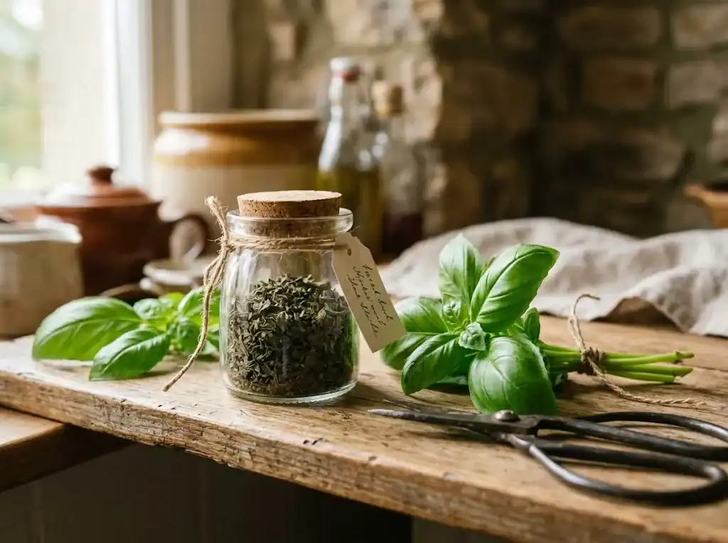 A small clear glass jar of home-dried basil beside a few fresh basil sprigs and a pair of garden snips on a kitchen shelf