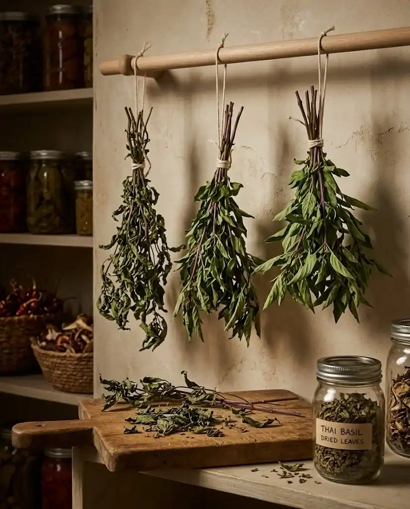 Small bundles of Asian basil tied with twine hanging upside down to dry in a warm pantry