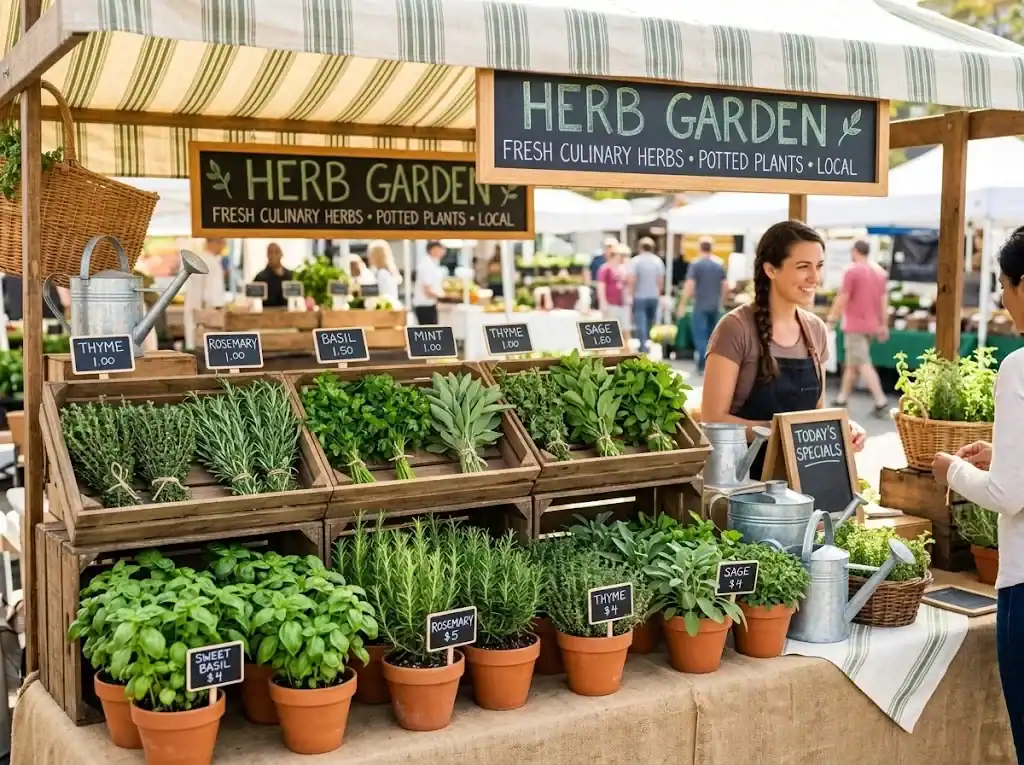 Outdoor farmers market stall displaying fresh herb bundles and potted rosemary and basil plants