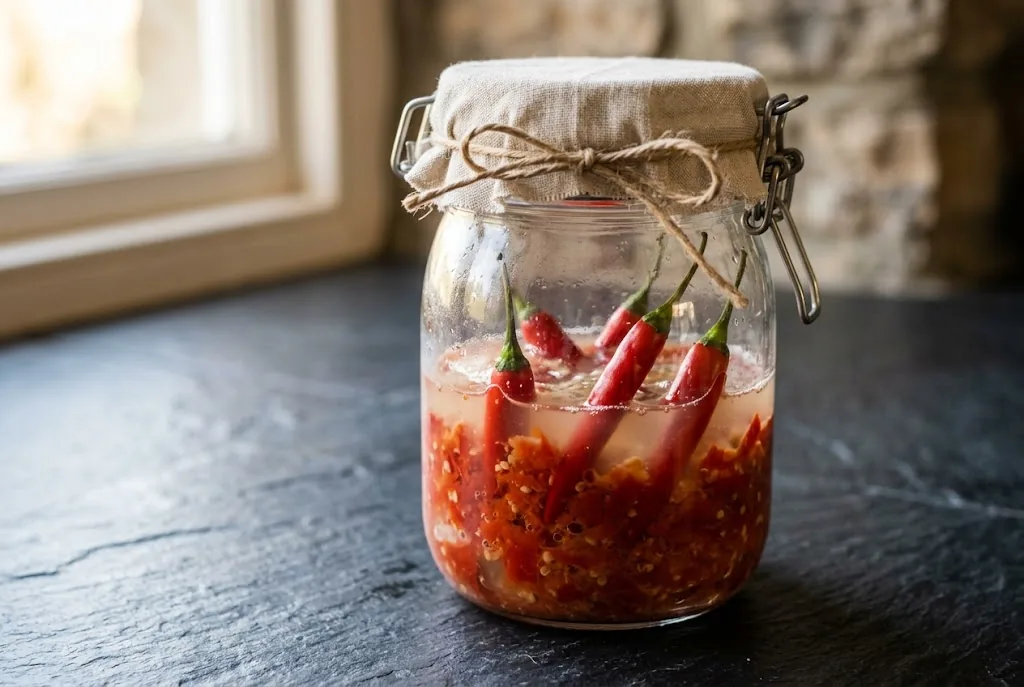 Clear glass swing-top fermentation jar half full of mashed ripe red Tabasco peppers in cloudy brine with a few whole pods floating