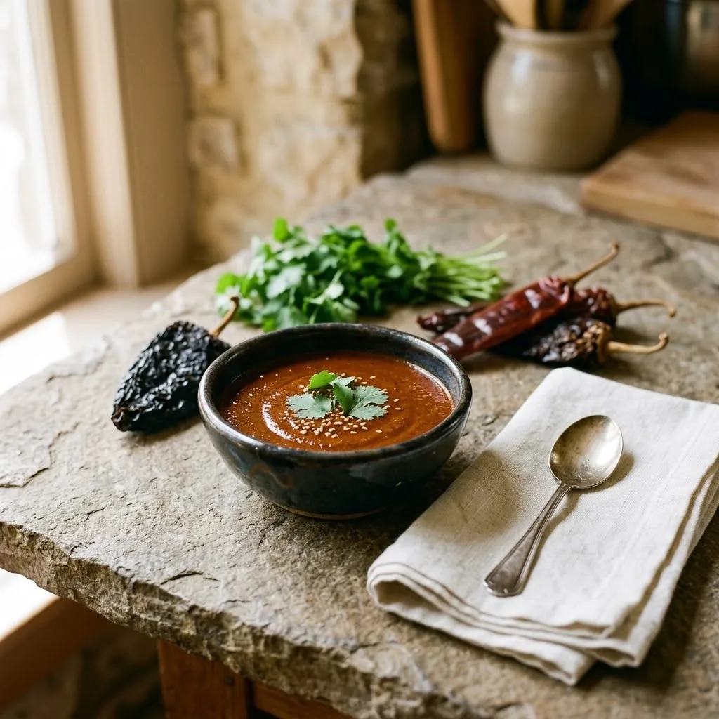 A small dark ceramic bowl of smooth brick-red mole sauce with dried ancho and guajillo pods and fresh cilantro on stone.