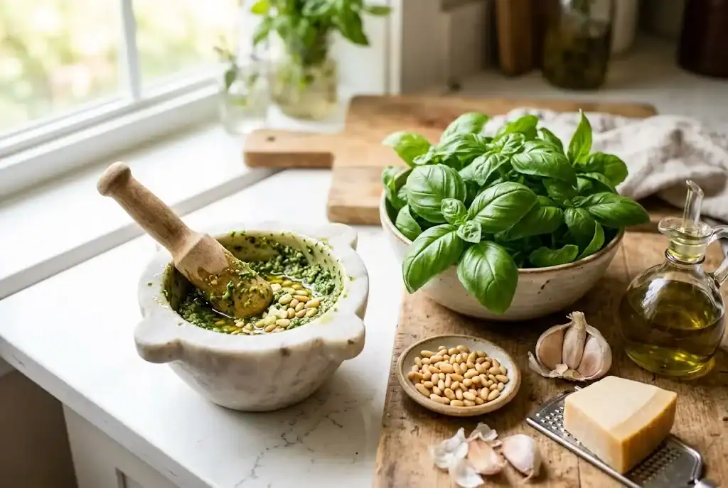 Fresh sweet basil leaves being prepared for homemade pesto with pine nuts, garlic, and olive oil