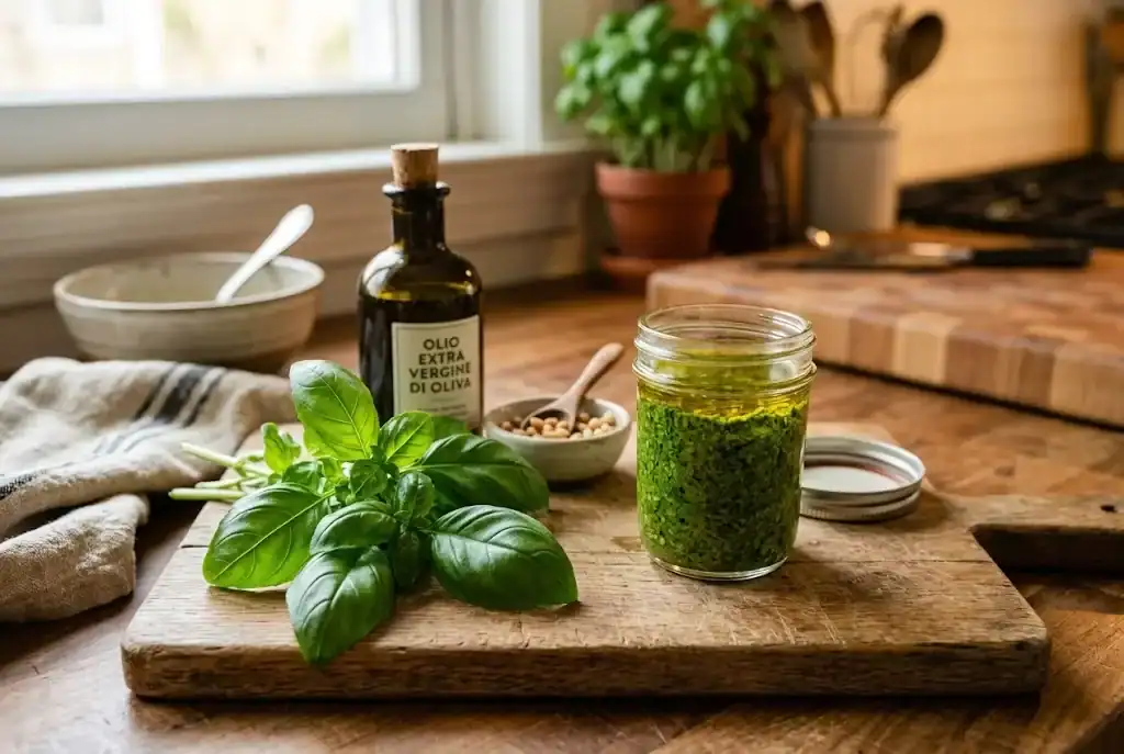 Fresh homemade sweet basil pesto in a glass jar sealed with olive oil on a wooden kitchen board