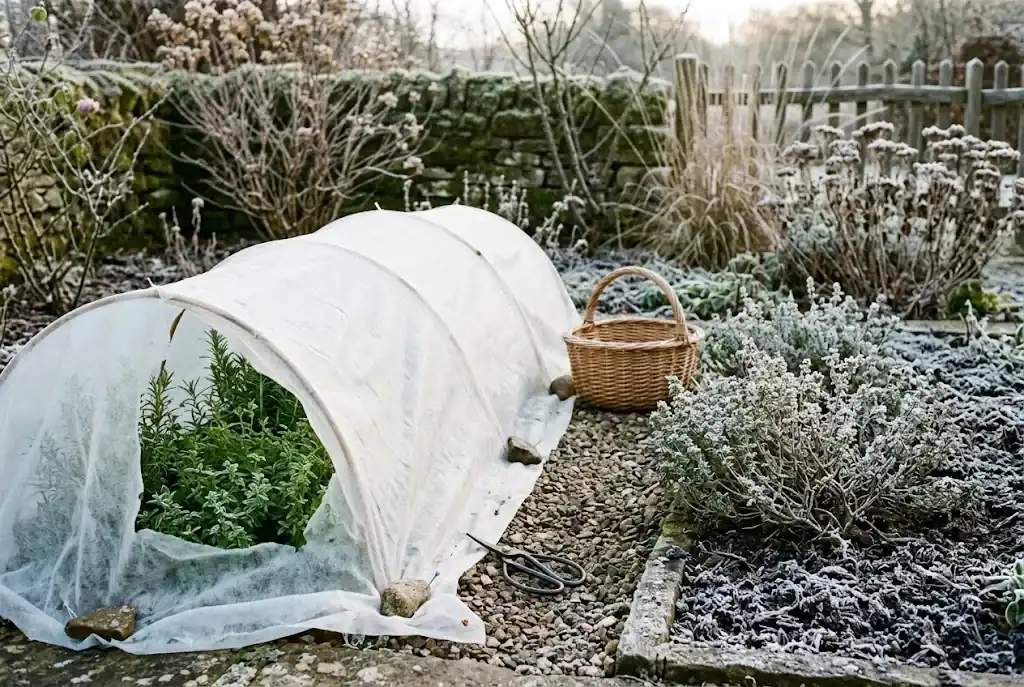 A low frost cloth draped over hoops in a small herb bed, protecting the plants during an overnight cold snap