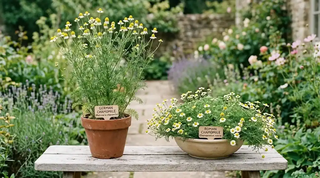 A tall German chamomile plant in a terracotta pot beside a low Roman chamomile plant in a shallow bowl