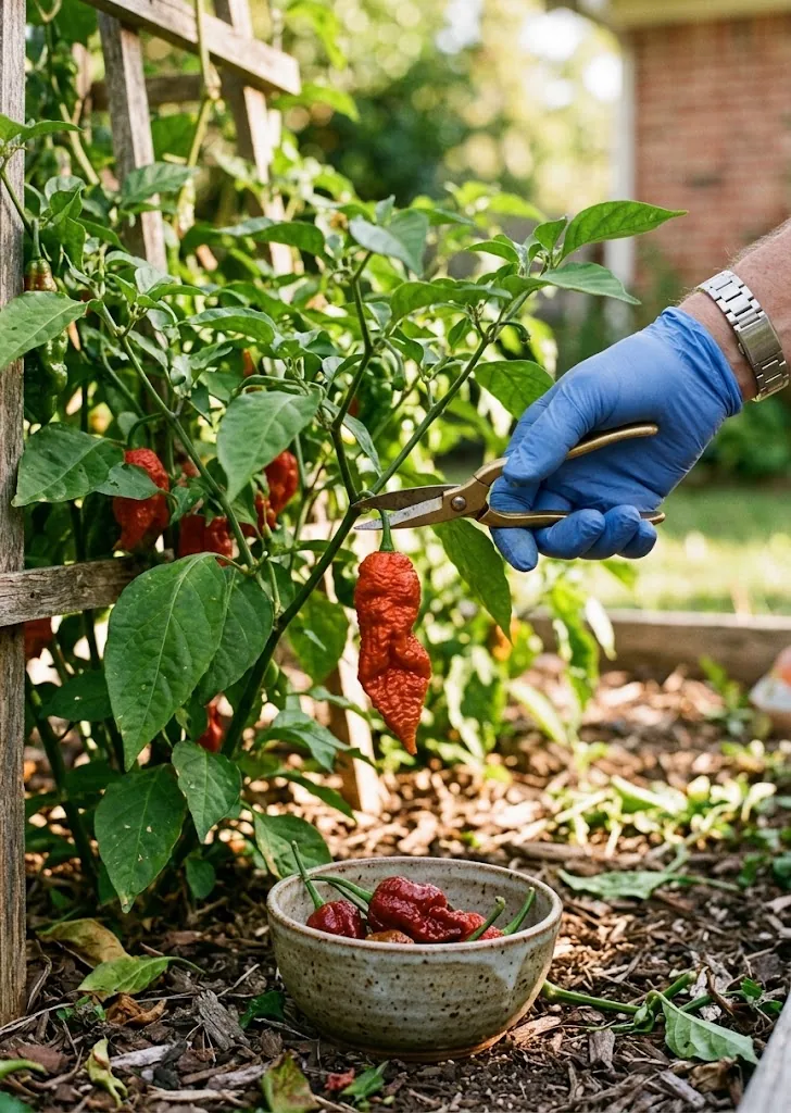 A gloved hand with brass snips harvesting one ripe ghost pepper pod from a backyard plant into a stoneware bowl
