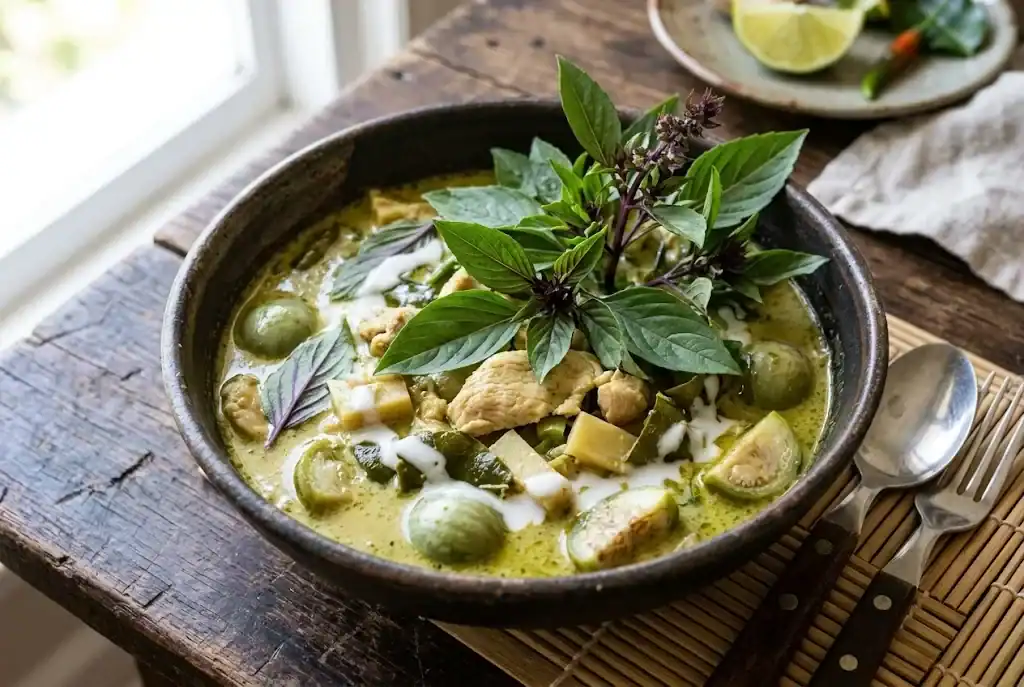 Bowl of authentic Thai green curry with chicken, Thai eggplant, and fresh Thai sweet basil leaves