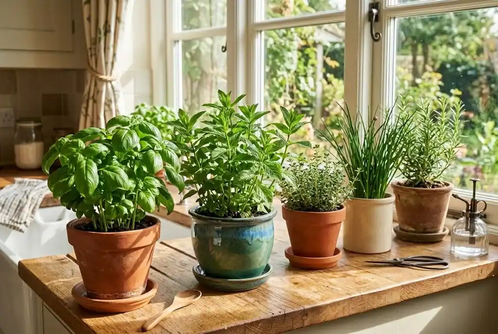 Terracotta and glazed ceramic pots growing basil and spearmint on a sunny wooden kitchen windowsill