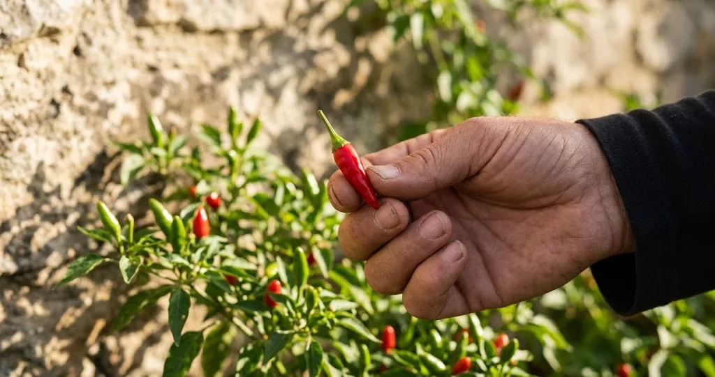 Single ripe red piri-piri pod held between thumb and forefinger outdoors, showing the small bird's eye size