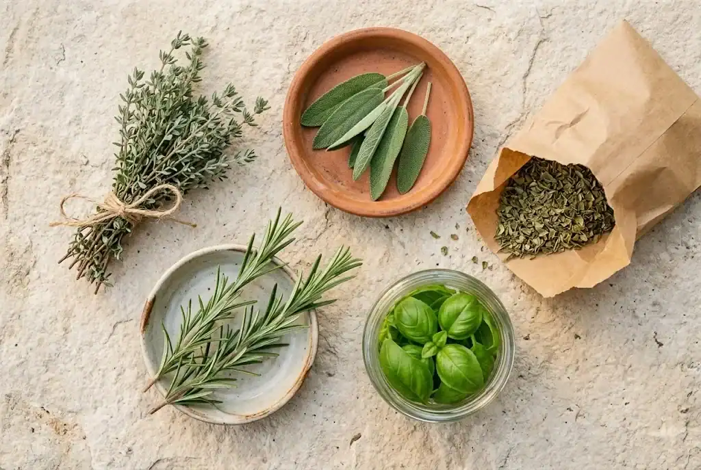 Flat-lay of freshly harvested thyme, sage, basil, oregano, and rosemary arranged on a pale stone surface
