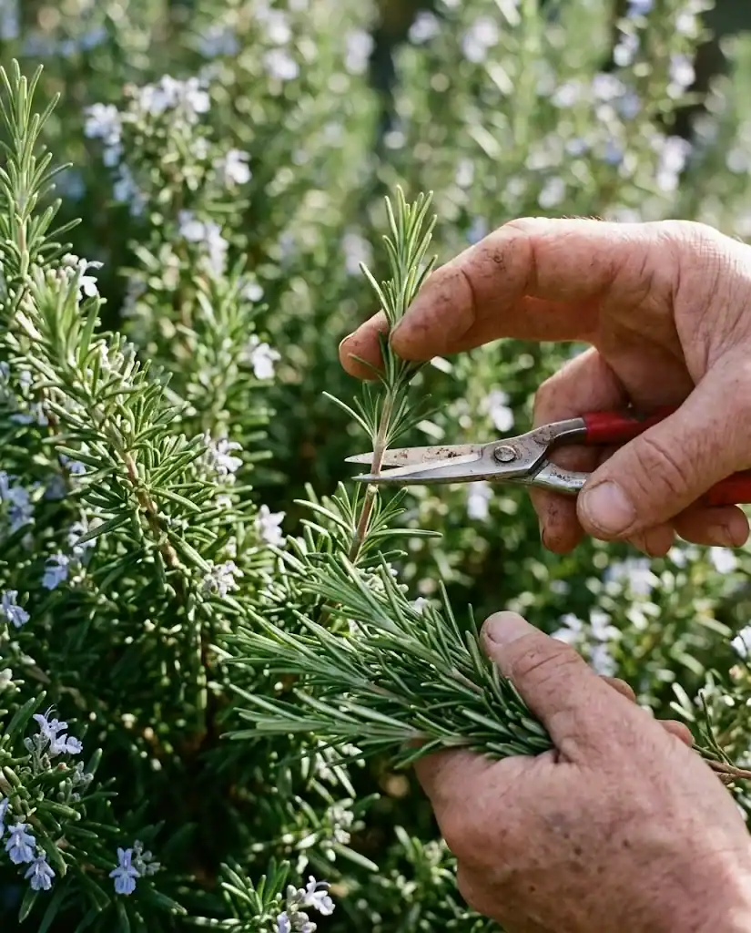 A gardener's hand cutting 4 to 6 inch rosemary sprigs with snips, just above a leaf node
