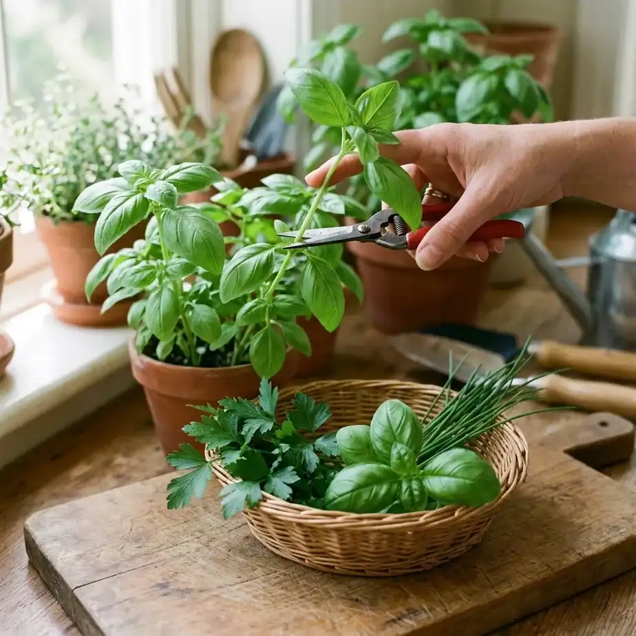 Garden snips cutting the top third of a leafy basil stem above a pair of opposite leaves with a small basket of cut sprigs