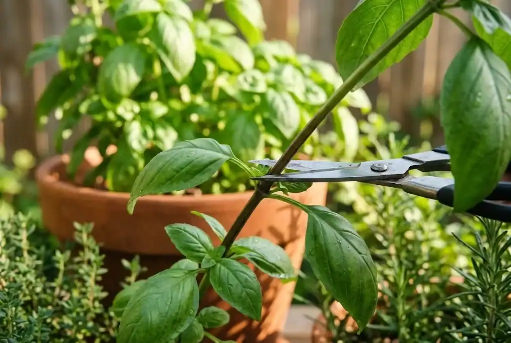 Garden snips positioned just above a leaf node on a basil stem during harvest