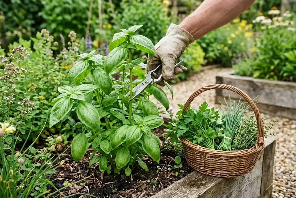 Garden snips harvesting basil above a pair of leaves