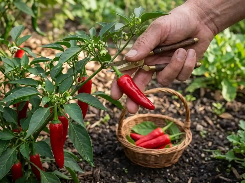Gardener using brass snips to cut a ripe red chili pepper from the plant, with a wicker basket of picked pods