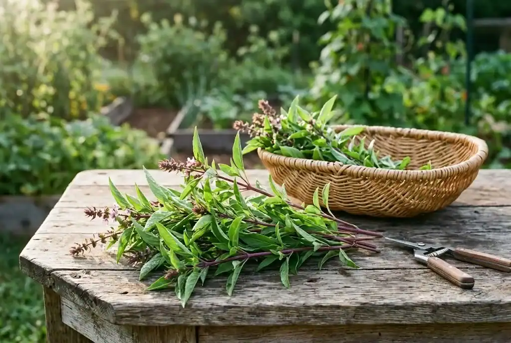Freshly harvested Asian basil sprigs and garden snips in a shallow wicker basket on a rustic table
