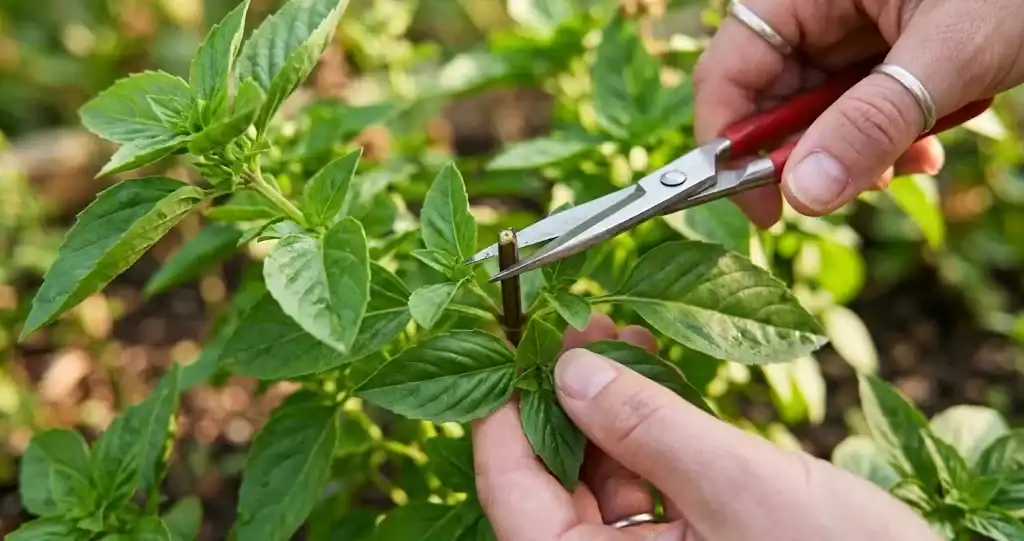 Garden shears making a precise harvesting cut above a leaf node on a sweet basil plant