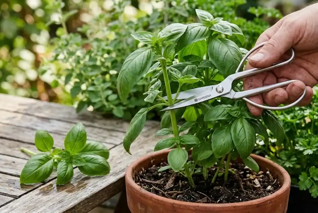 Garden scissors cutting a basil stem just above a pair of leaves and a branching node