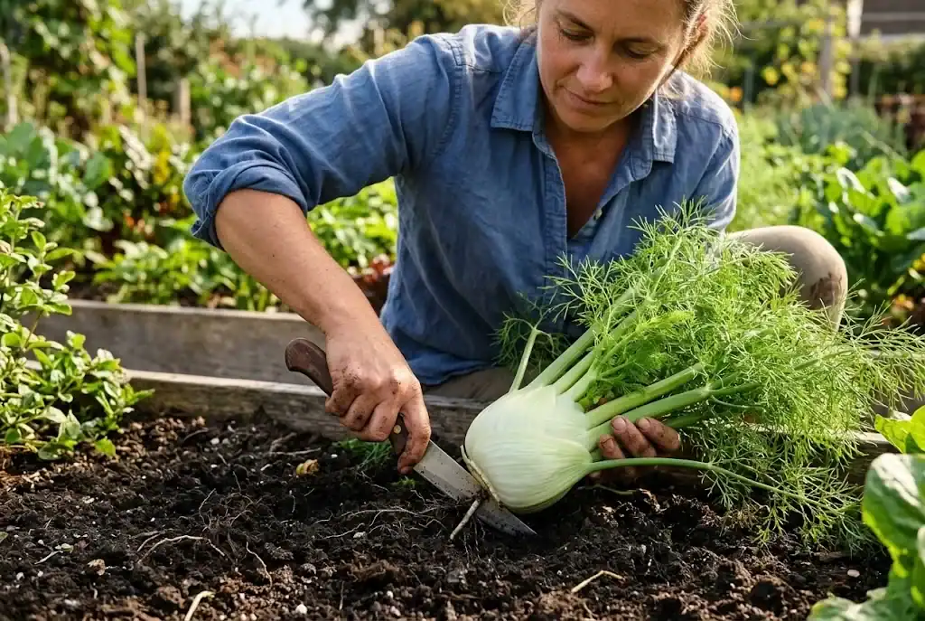 Gardener slicing a crisp Florence fennel bulb from its taproot using a clean harvesting knife