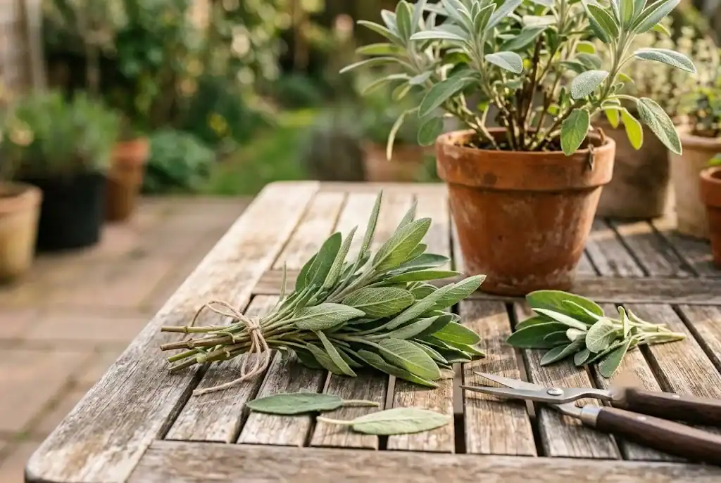Small bundle of freshly cut sage stems tied with kitchen twine on a wooden table