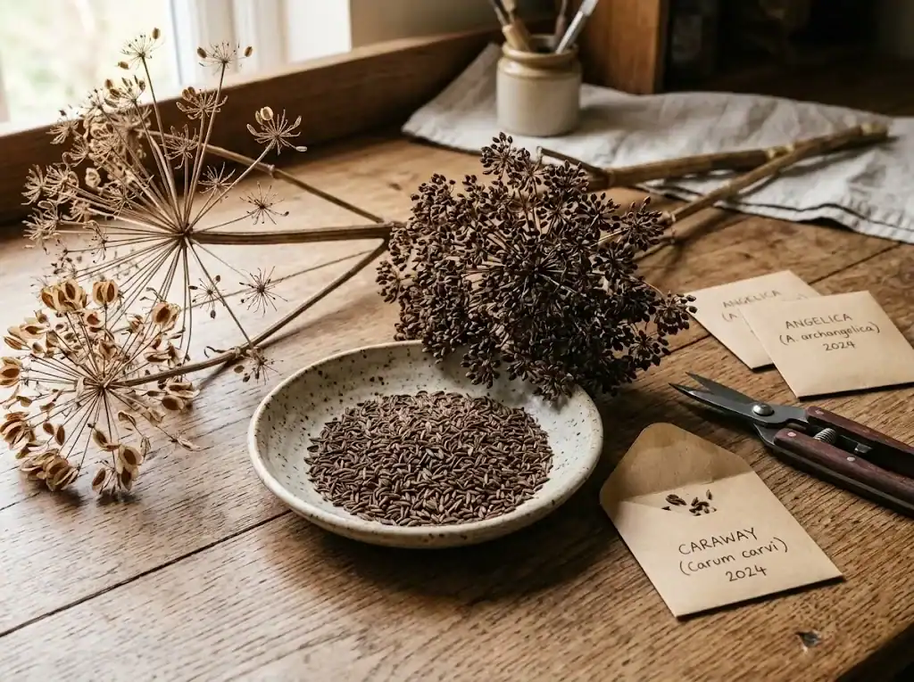 Harvesting dried seed umbels of caraway and angelica on a rustic table with seed snips