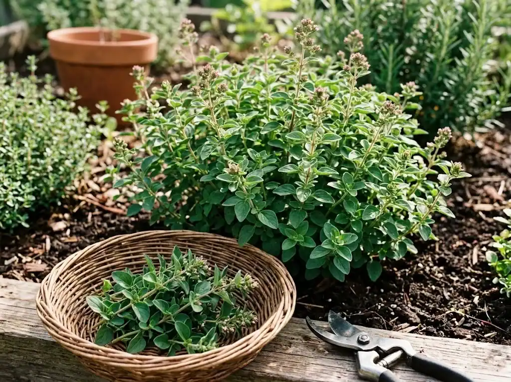 Freshly harvested oregano stems in a garden basket with herbal pruning shears