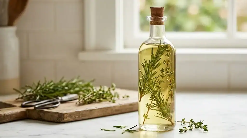 A clear glass bottle of herb-infused olive oil with sprigs of rosemary and thyme suspended in the oil
