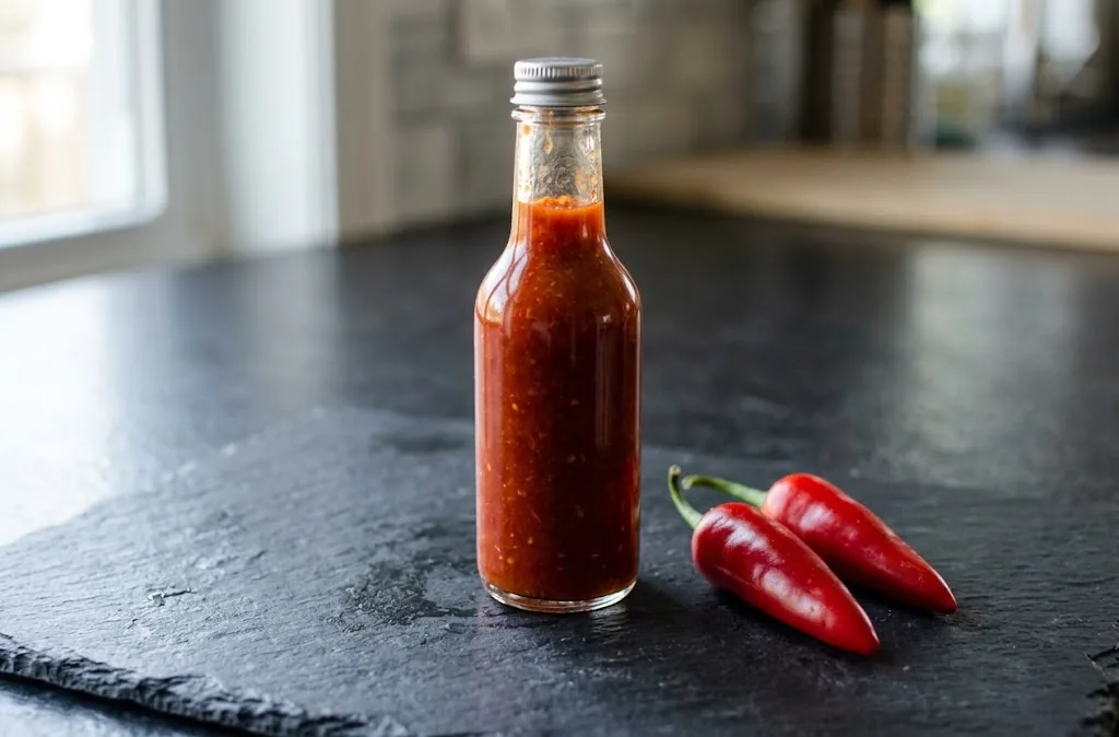 Glass bottle of red Fresno hot sauce beside ripe peppers on a stone surface