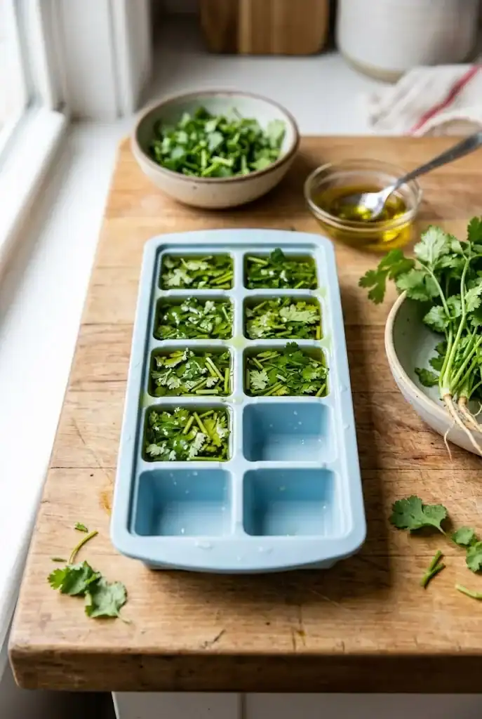 Chopped cilantro stems and leaves packed into a silicone ice cube tray with olive oil for the freezer