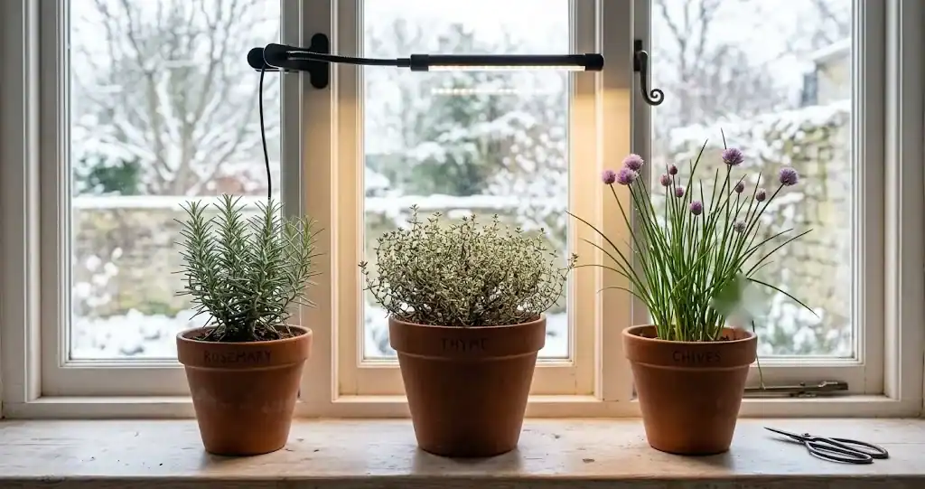 Three small terracotta pots of rosemary, thyme, and chives on a pale wood windowsill indoors with a small grow light overhead