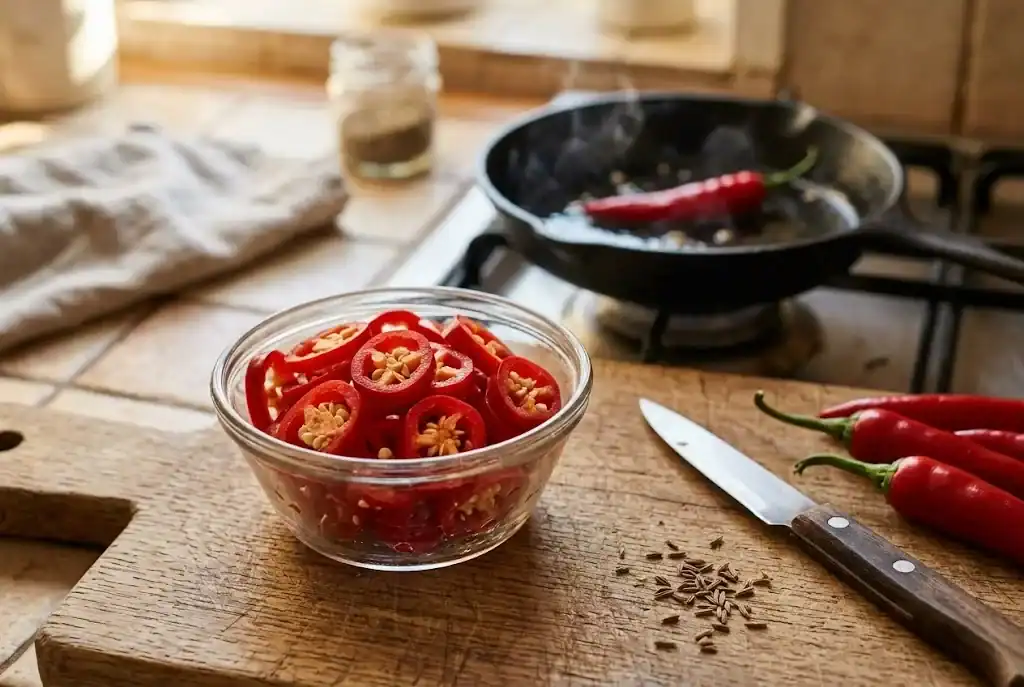 Glass bowl of freshly sliced red chili pepper rings with visible seeds on a wooden cutting board next to a paring knife and a few whole ripe red peppers