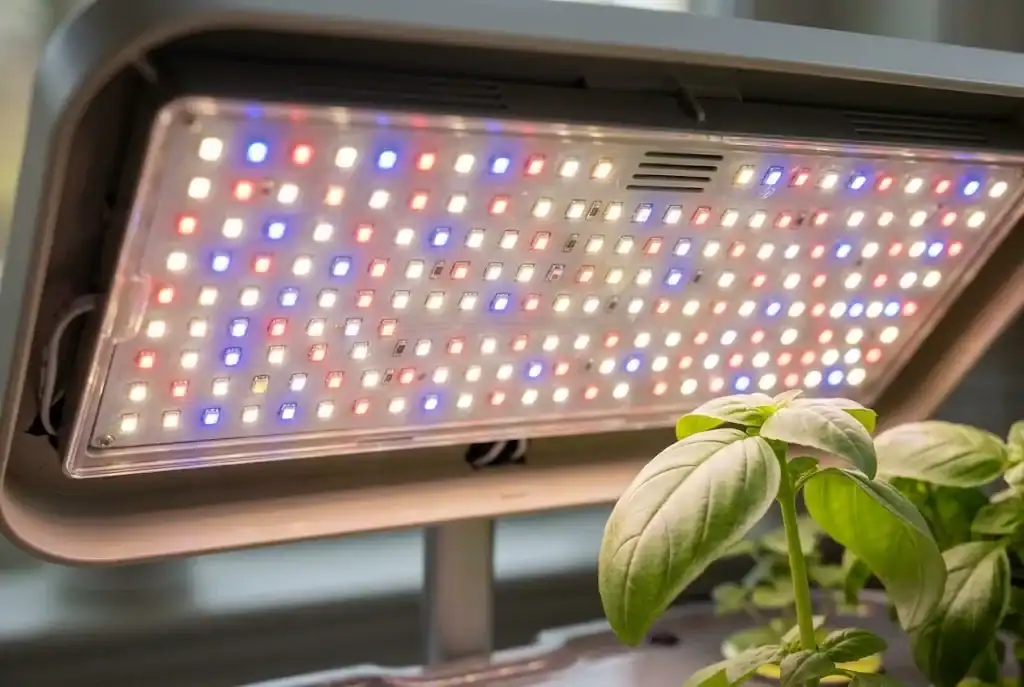 Close-up of the underside of a hydroponic garden LED panel showing white, deep blue, and warm red diodes, with a basil leaf softly lit underneath