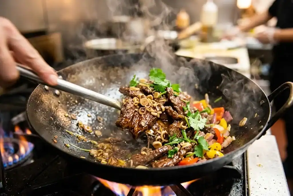 Sizzling beef and lemongrass stir-fry in a hot carbon steel wok with red chilies and bell peppers