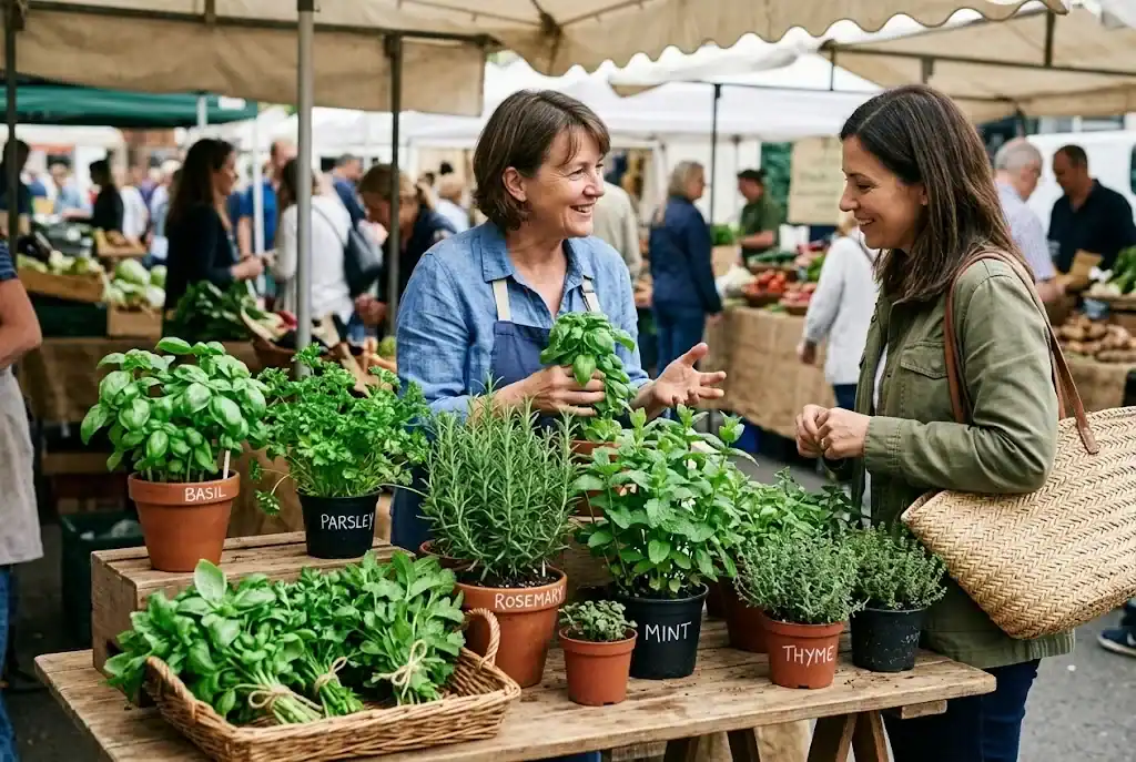 A modest local market display of fresh and potted culinary herbs