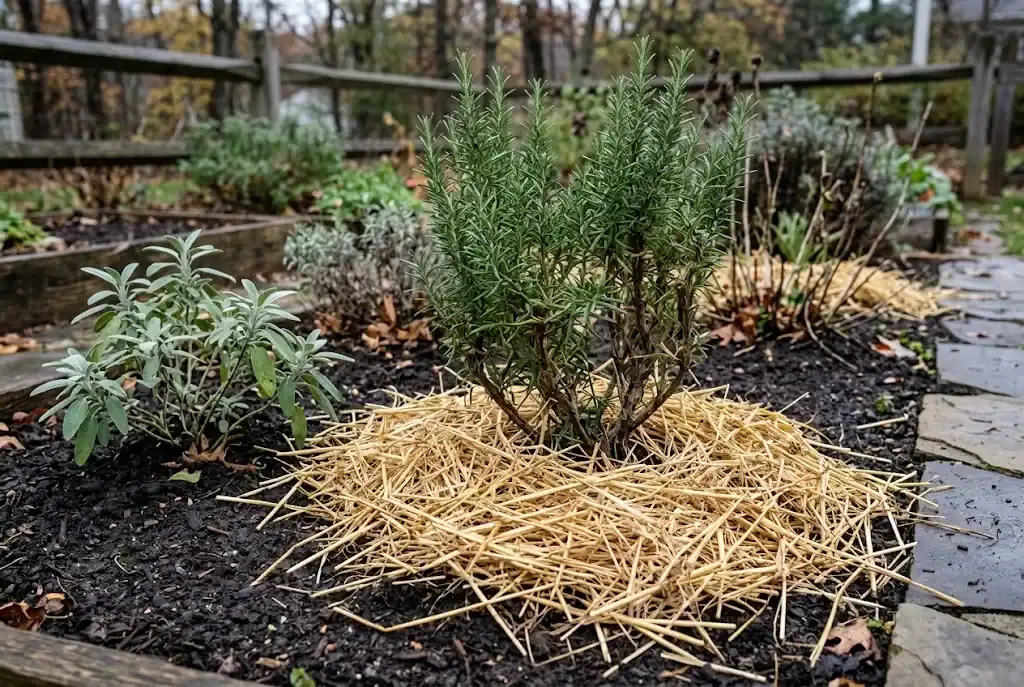 Loose straw mulch ringed around the base of an established rosemary plant in late fall